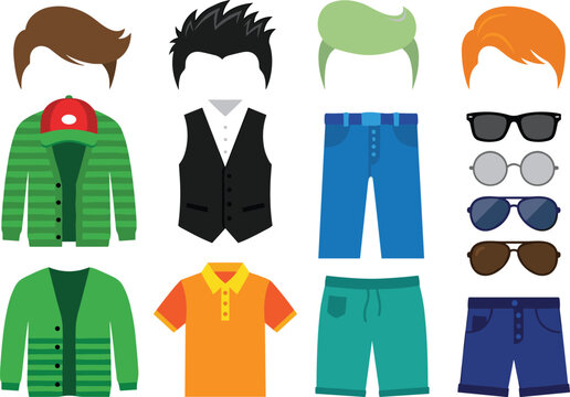Men casual clothing and hairstyles vector constructor set with jackets pants shorts sunglasses hair icons isolated on white background for character creation