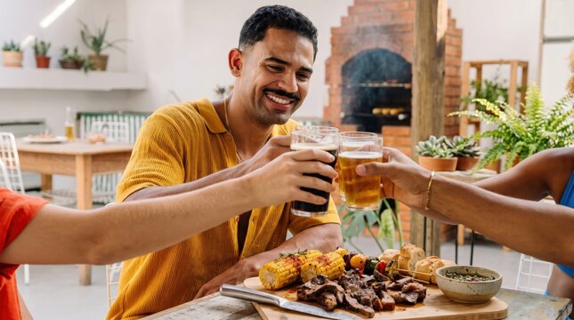 Friends toasting beers at backyard barbecue party, smiling man holding dark beer, grilled meat and corn on table, summer lifestyle concept