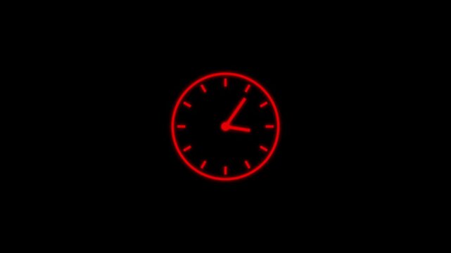Red Clock spinning, watch animation on black background with alpha channel. Clock icon flat style 24 hours day fast speed with moving timer clock rotation. 4K video