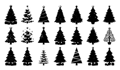 Fototapeta premium Large set of various minimal black pine tree and spruce tree silhouettes