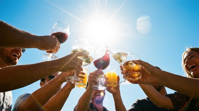 Low angle group cheers with glasses lifted toward sun for summer party banner and social event background