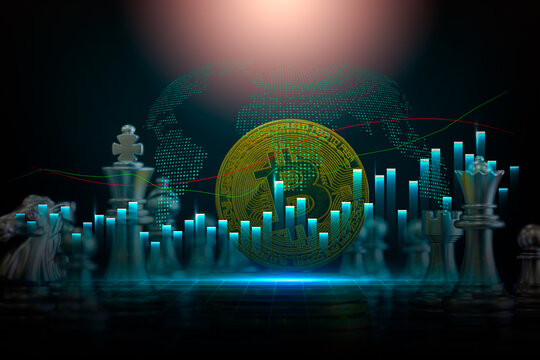 Modern way of exchange. Bitcoin is convenient payment in global economy market. Virtual digital currency and financial investment trade concept. Abstract cryptocurrency with gold bitcoin background.