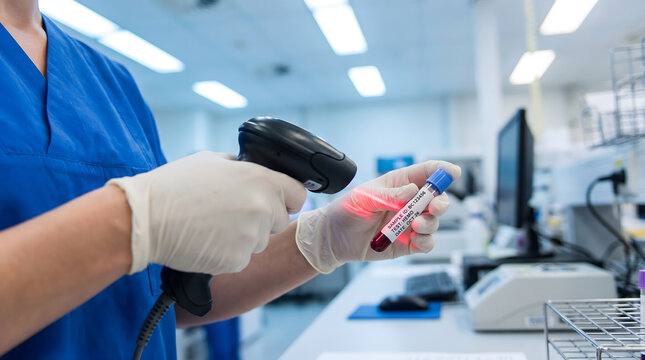 Technician scanning barcode on blood sample tube