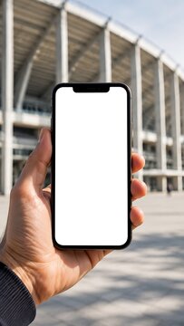 A person's hand holds a modern smartphone with a blank white screen in front of a large stadium building.