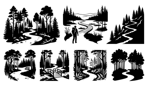 Black silhouette set of natural landscape scenes, pine forests, mountains, and winding rivers