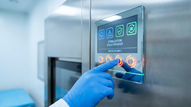 Technician operating plasma sterilizer in laboratory