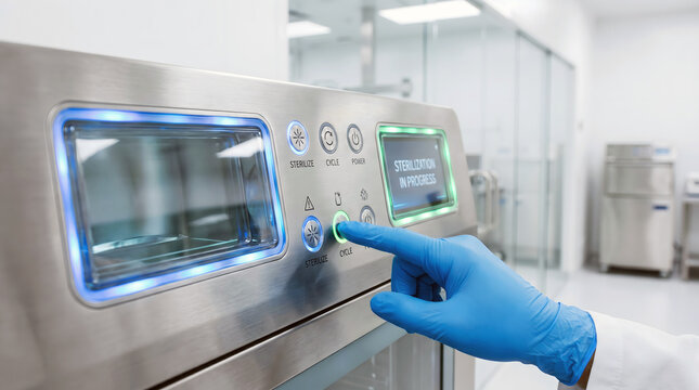 Technician operating plasma sterilizer in laboratory