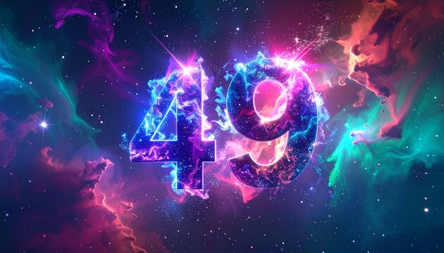 Celestial number 49 glowing brilliantly with sparkling cosmic energy in a vibrant nebula. Ideal for luxurious celebrations and modern design projects