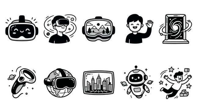Virtual Reality and Metaverse Technology Doodle Icon Set with VR Headset Robot and Digital World