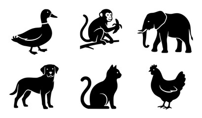 Vector silhouette set of domestic and wild animals including elephant, dog, cat, and duck © MstNadiya
