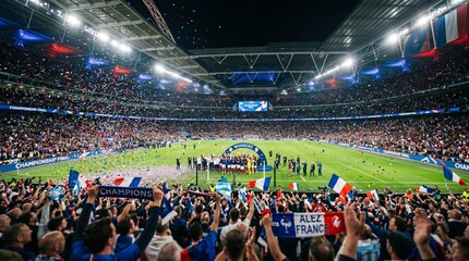 Obraz premium Excited crowd celebrating a championship final in a packed stadium with green field and bright lights at night