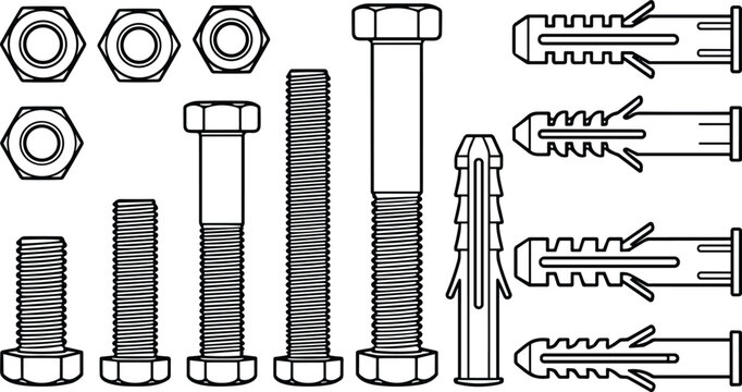Hex Bolts Nuts and Wall Anchor Fasteners Vector Set with Threaded Hardware and Fixing Components