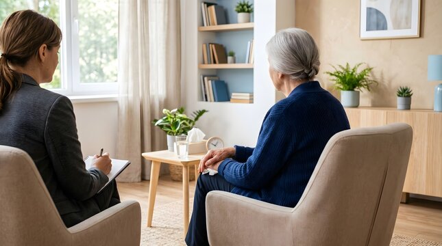 Senior Woman in Cognitive Behavioral Therapy Session with Supportive Therapist in Bright Modern Office
