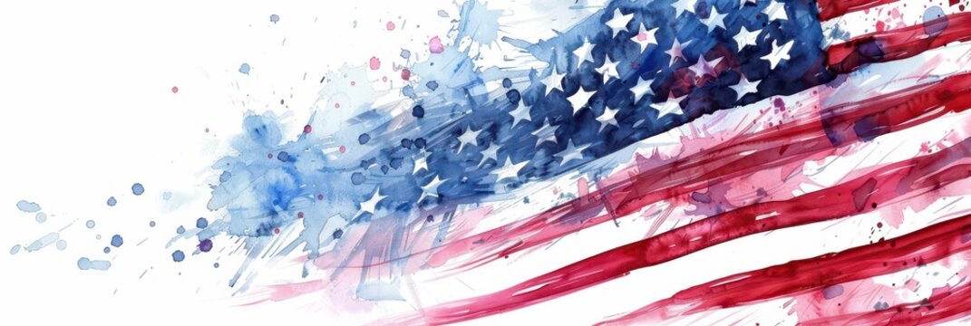 American watercolor flag splatter background for independence day banner design and patriotic celebration wallpaper. Memorial Day. Constitution Day of USA. Horizontal banner. Copy space