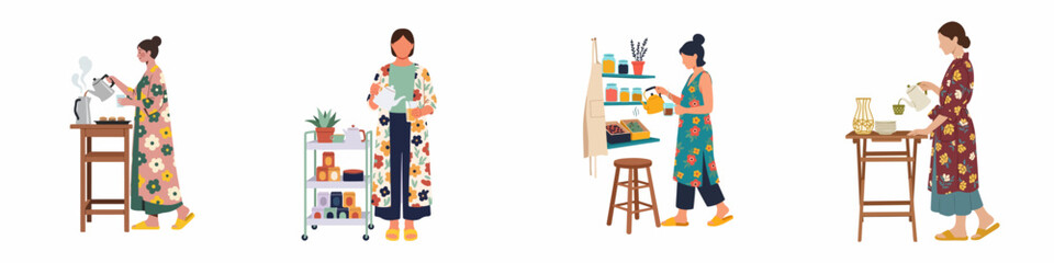 Fototapeta premium Set of flat vector illustrations depicting a woman's cozy tea rituals at home, featuring floral robes, kitchen settings, and relaxing morning routines.