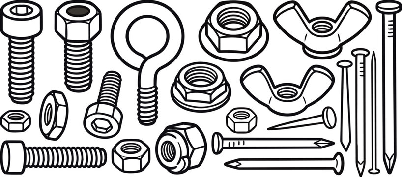 Industrial Fastener Hardware Collection Vector Set with Bolts Nuts Wing Nuts Hooks and Nails