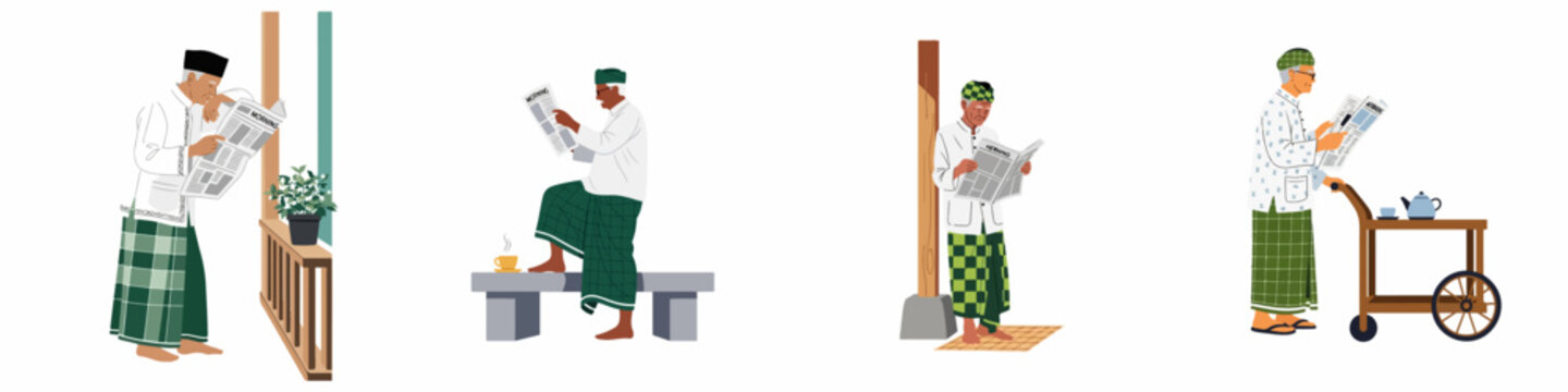 Flat vector illustrations of elderly Southeast Asian Muslim men wearing traditional sarongs while reading the morning newspaper in various everyday settings.