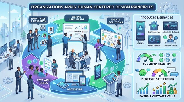 Organizations apply human centered design principles to enhance usability and customer satisfaction with products and services through research and testing