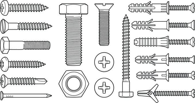 Industrial Fastener Hardware Set Vector Collection with Screws Bolts Nuts Anchors Nails and Wall Plugs
