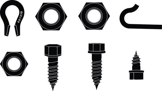Industrial fastener silhouettes with nuts bolts hook pin and threaded hardware components vector illustration set