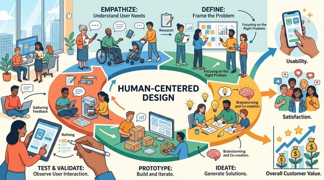 Humancentered design process infographic with empathize, define, ideate, prototype, test and validate steps for user experience and product development