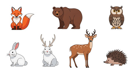 Obraz premium Set of cute woodland forest animals including a fox bear owl rabbit jackalope deer and hedgehog illustrated in a clean flat vector style on white background