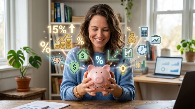 Woman holding a piggy bank with savings and finance icons floating around her in a home office setting with a laptop and books
