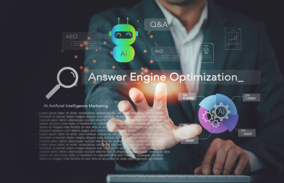 Businessman touching virtual interface displaying Answer Engine Optimization concept. AEO, AIO, and AI marketing analytics for optimizing search engine ranking and definitive AI answers.