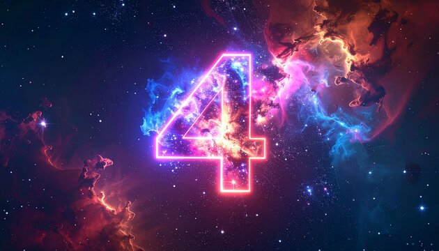 Glowing neon number four inside a colorful cosmic space nebula
