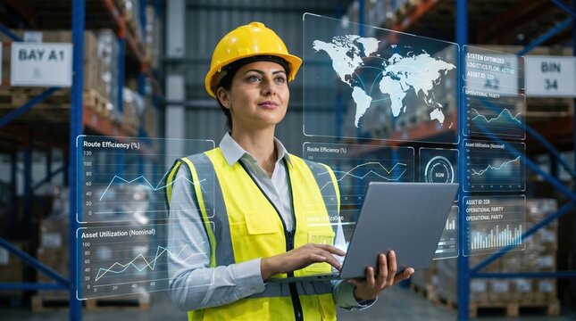 Female warehouse manager with yellow helmet analyzing logistics data on tablet, holographic charts and world map in modern smart storage facility for supply chain optimization