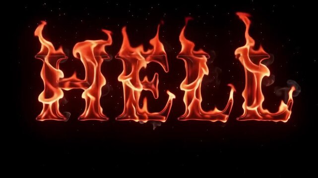 Hell word typography rendered in bright orange flames with realistic flickering motion captured in this high definition digital animation clip showcasing intense glowing letters burning against a dark