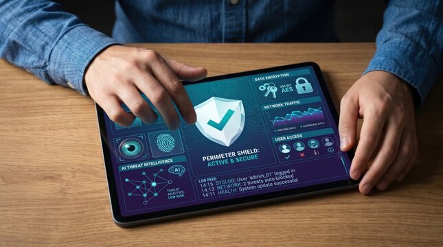 Cybersecurity professional checking perimeter shield status on tablet screen, data encryption and AI threat intelligence interface