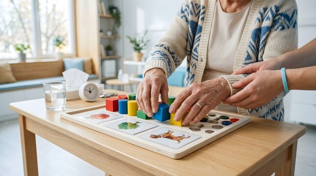 Senior Woman Doing Memory Stimulation Exercises with Colorful Blocks for Cognitive Therapy