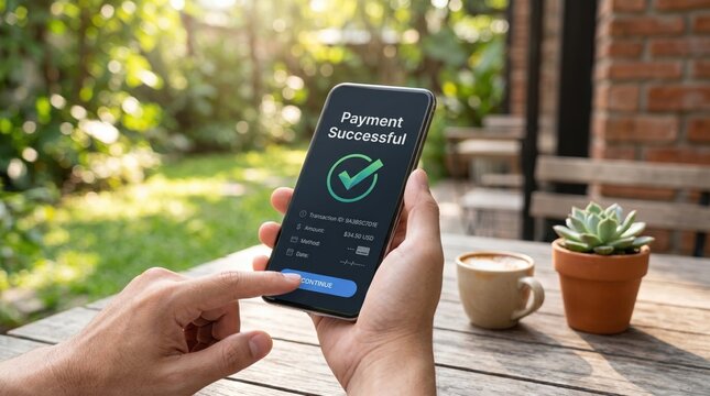 Mobile payment successful confirmation on smartphone screen, user tapping continue button, outdoor cafe table background, secure transaction concept, digital wallet app interface