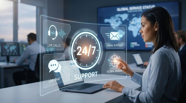 Female customer support agent working in modern call center office with digital interface showing twenty four seven availability, live chat options, email assistance