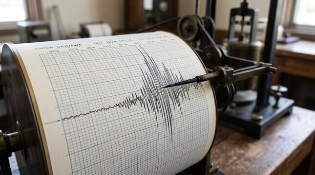 Seismograph machine recording earthquake activity on a graph paper roll in a scientific laboratory setting with a wooden table and blurred background