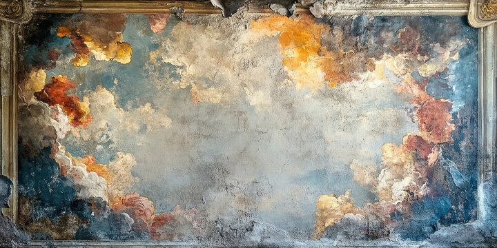 An ancient fresco depicting clouds and celestial bodies, showing signs of age and decay.