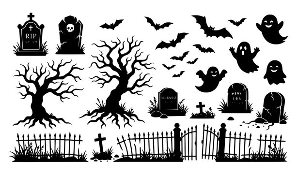 Halloween cemetery silhouette vector pack with spooky graves ghosts bats haunted trees and decorative grass elements
