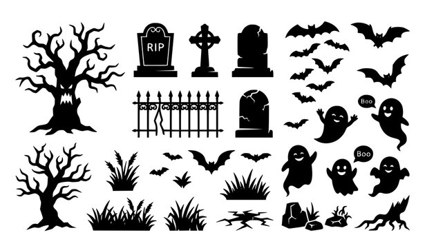 Halloween silhouette icon set with tombstones ghosts bats spooky trees cemetery fences and grass isolated vector elements