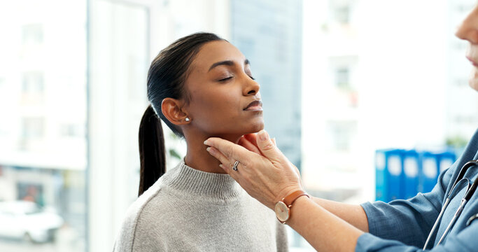 Checking, healthcare and neck with woman in doctor office for appointment or assessment. Infection, inflammation and lymph nodes of patient with hands of medical professional on throat for checkup