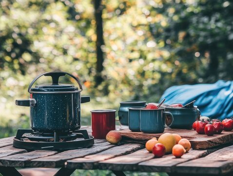 Outdoor cooking set amidst nature