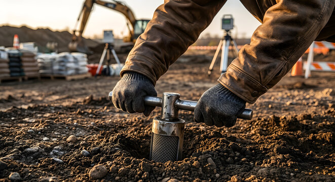 Construction worker using manual soil sampling tool on dirt ground at industrial excavation site with machinery.