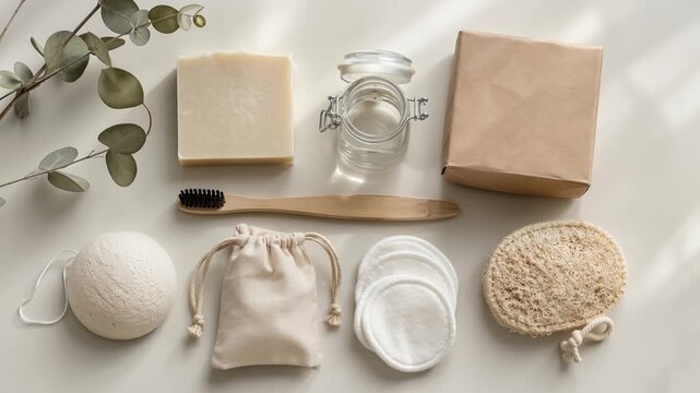 Collection of plastic free eco friendly personal care products and sustainable bathroom accessories on white background