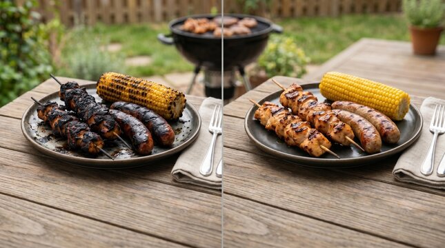 Before and after contrast of burnt overcooked barbecue and perfectly grilled chicken skewers with sausages and corn on table.
