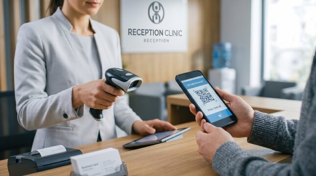 Patient scanning QR code for contactless payment at medical clinic reception, healthcare billing and modern technology concept