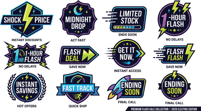Electric Neon Flash Sale Badge Set Shock Price Midnight Drop One Hour Flash Ending Soon Fast Track Instant Savings Rocket Gaming Style Collection
