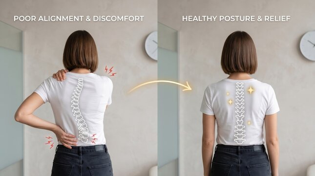 Comparison of poor spinal alignment causing back pain versus healthy posture providing relief and straight spine illustration concept