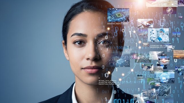 Futuristic biometric profile active scan on woman face, artificial intelligence identity verification system with digital binary code overlay and facial recognition network nodes.