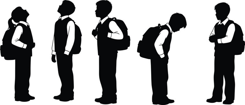 Back to school silhouette of children with backpacks isolated on white vector illustration