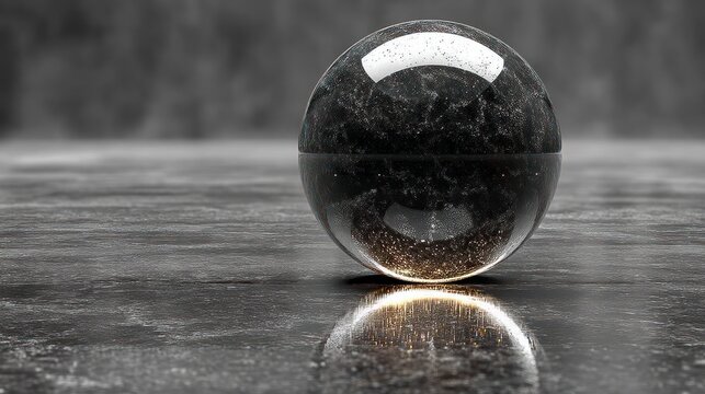 A translucent orb, revealing a patterned interior, rests on a reflective surface against a mottled backdrop